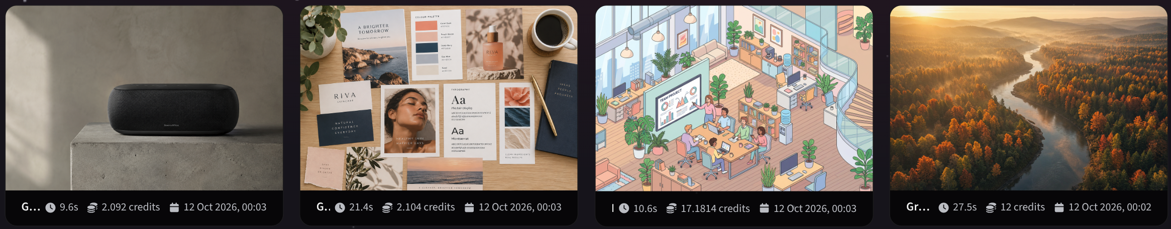 Vier in MTN AI Canvas erzeugte Bilder, jeweils mit ihren Erzeugungskosten