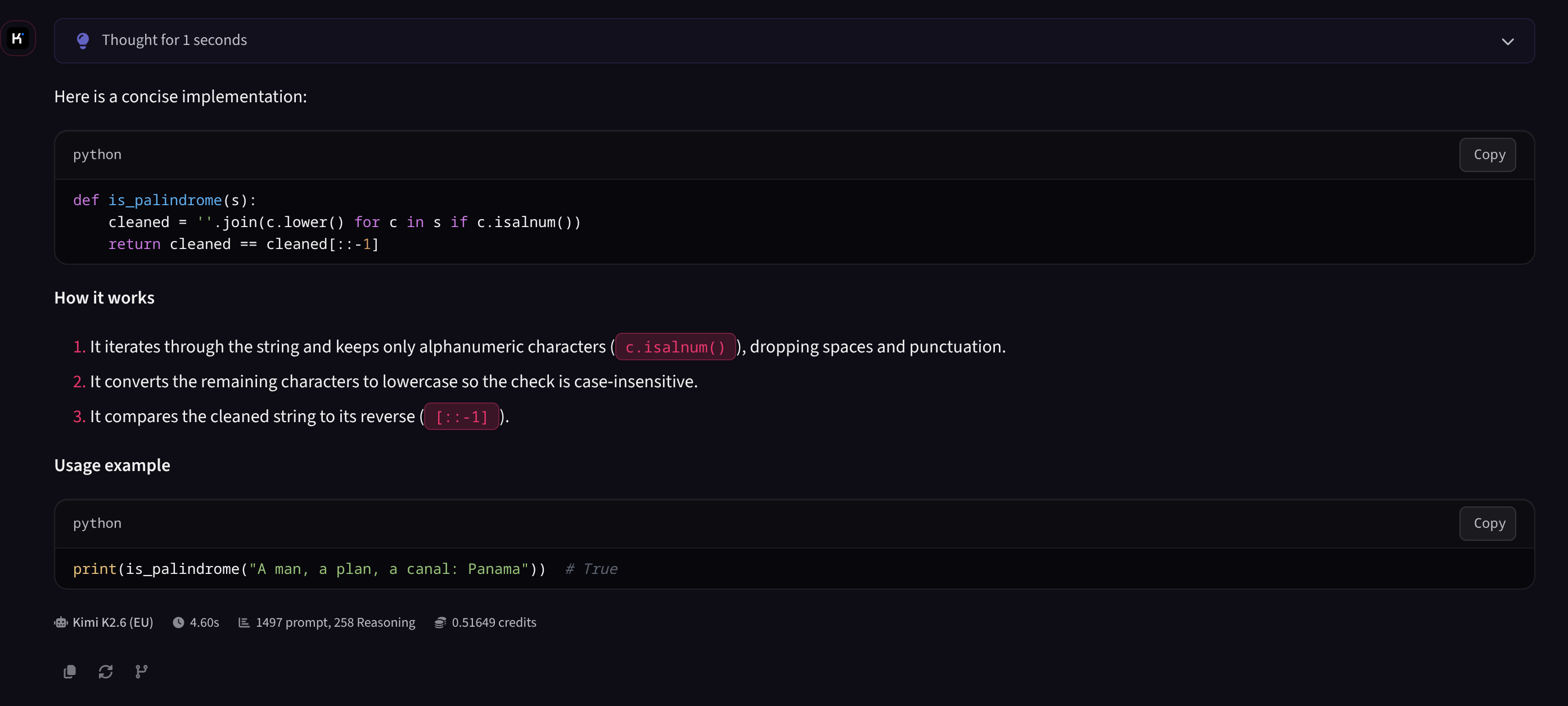 MTN AI chat answering a prompt, with the model picker and per-message cost shown