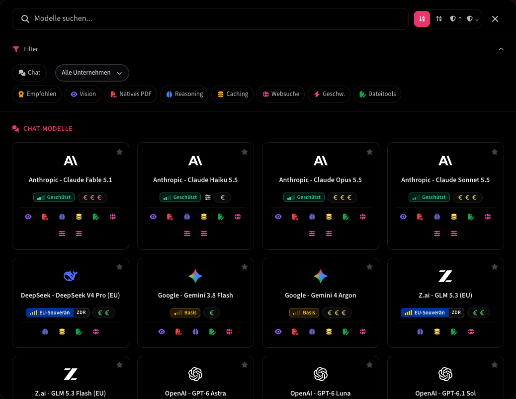 MTN AI model picker: Claude, DeepSeek, Gemini, GLM and GPT models with privacy-level, cost and capability badges, e.g. Protected, EU Sovereign · ZDR and Basic