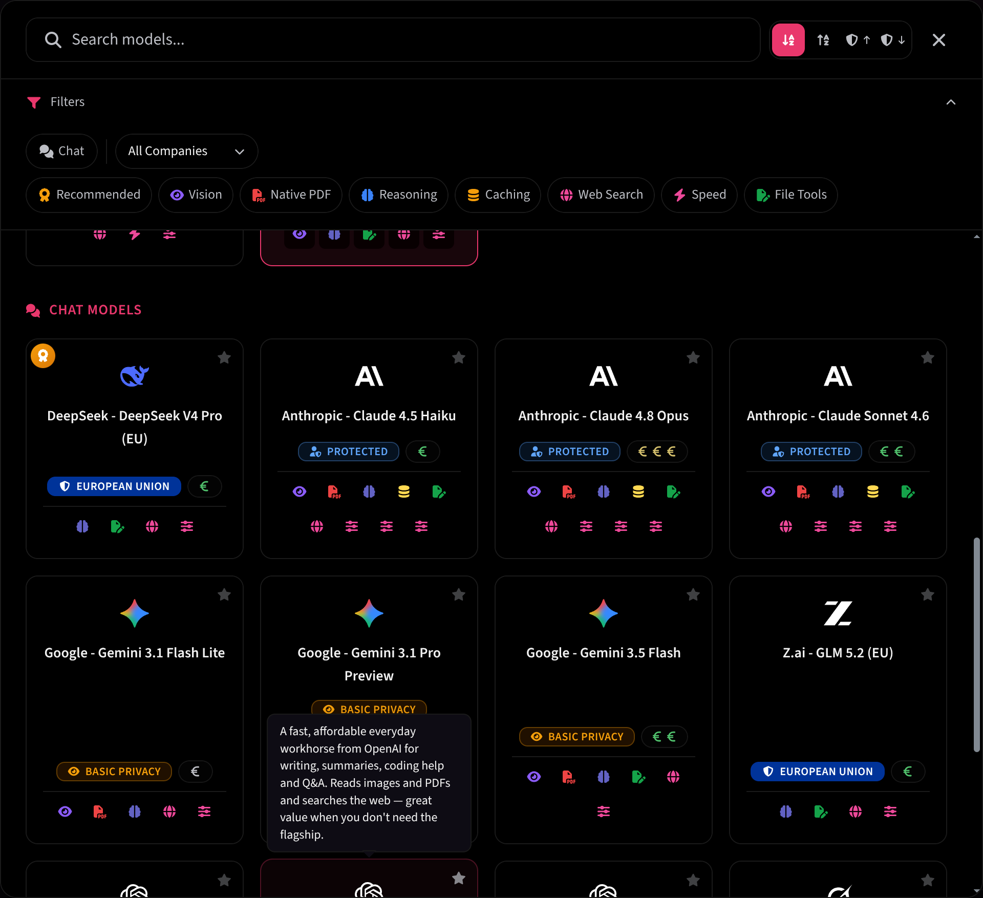 MTN AI model grid: Anthropic, OpenAI, Google and open models with privacy-tier, cost and capability badges