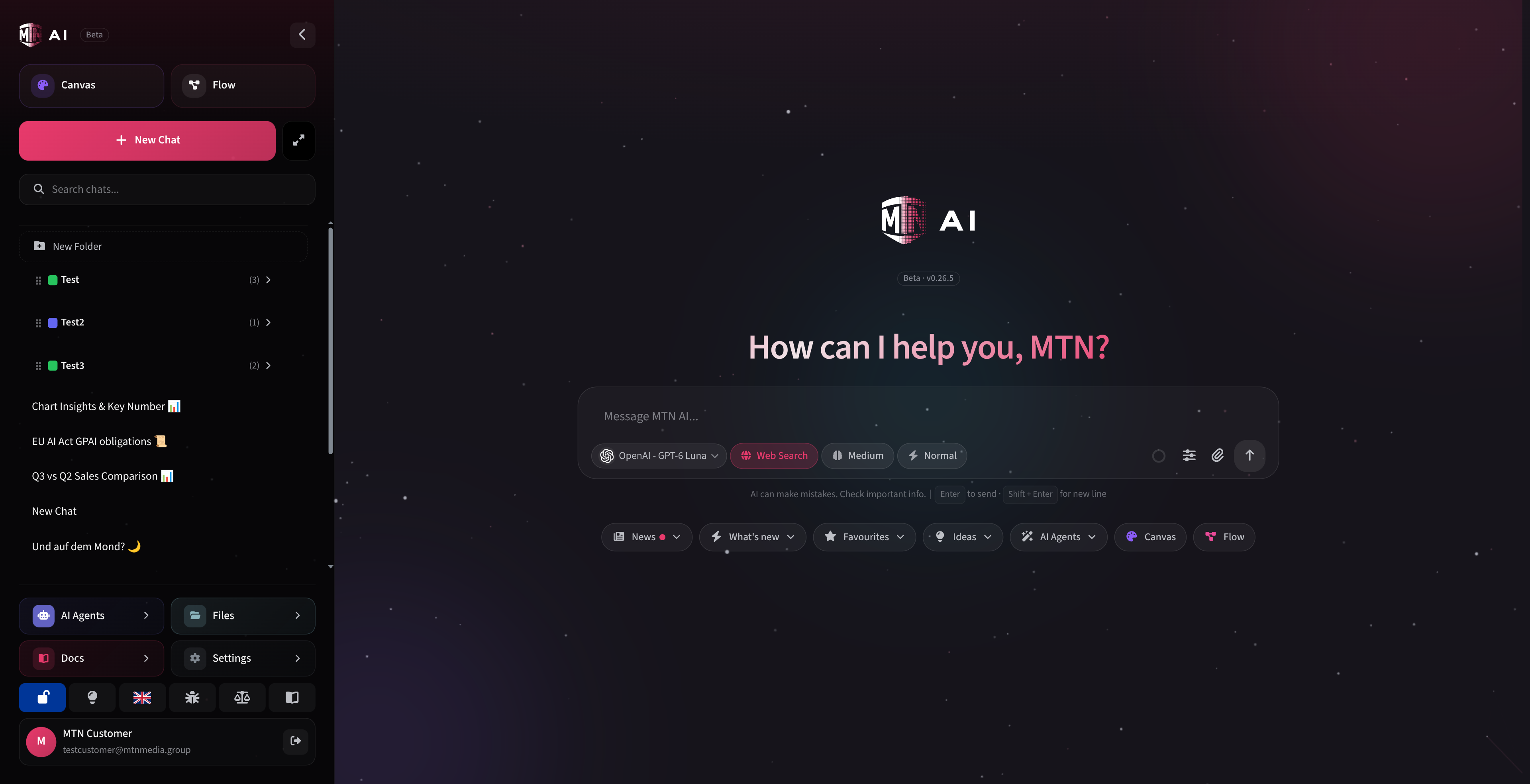 MTN AI Startbildschirm mit Eingabefeld, Modellauswahl und Schnellzugriffen auf Agenten, Canvas und Flow