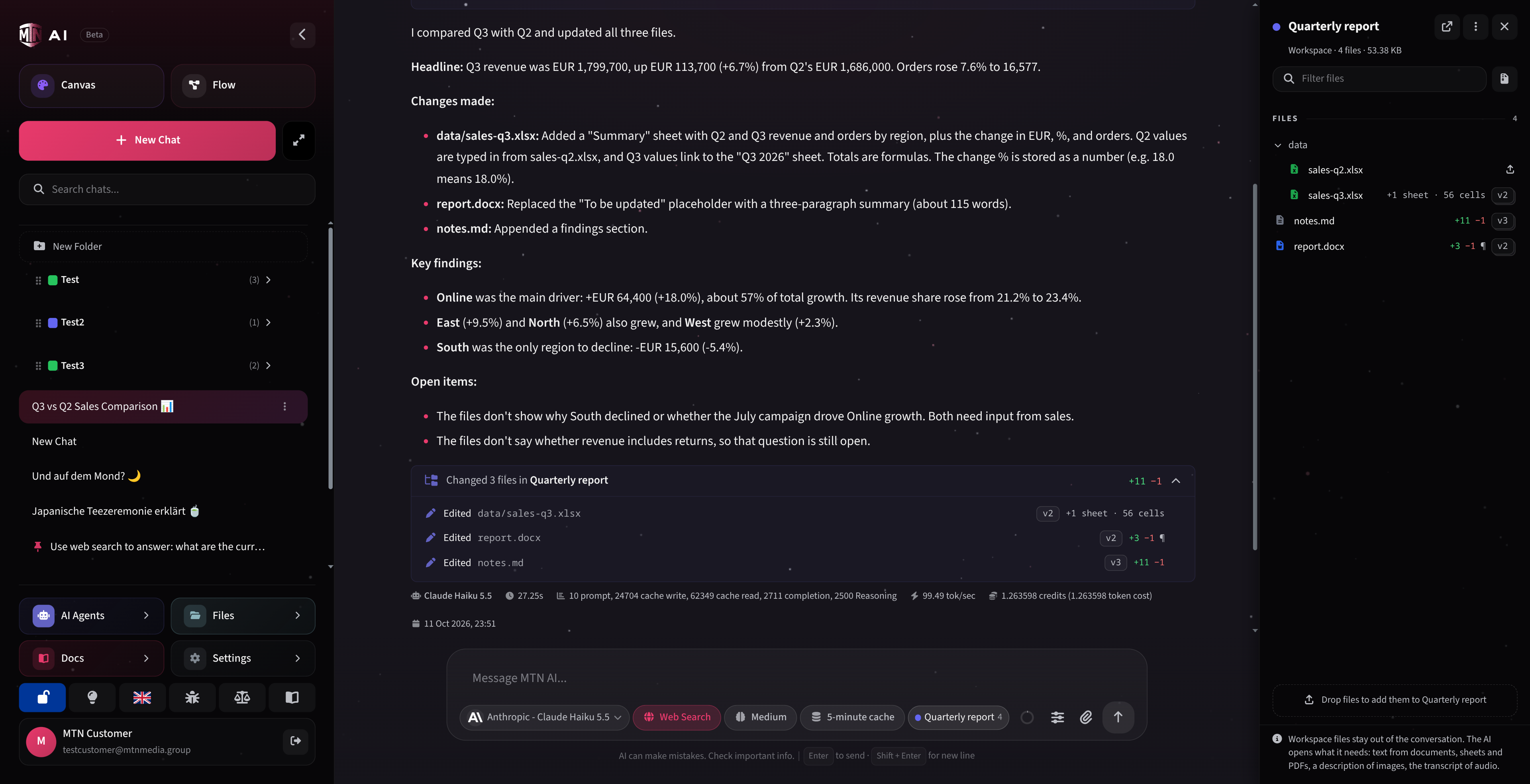 Ein MTN AI Chat mit angedocktem Arbeitsbereich rechts: Dateibaum und die Liste der Dateien, die die Antwort geändert hat